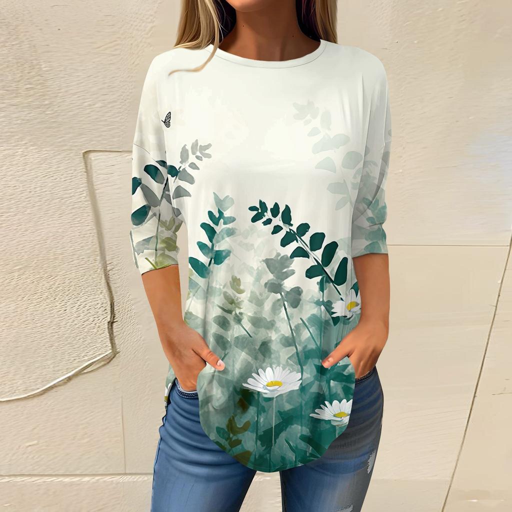 Women's Loose Round Neck Print 3/4 Sleeve T-Shirt Top Pullover