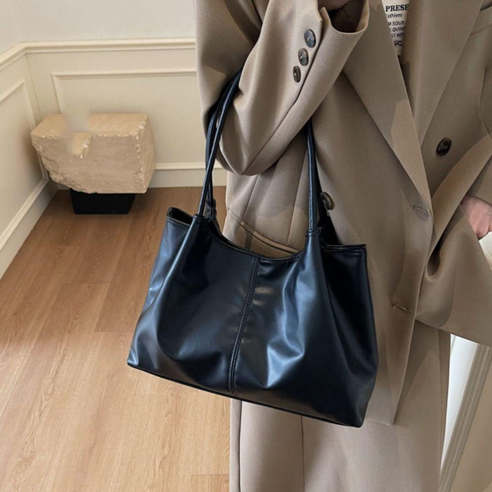 Casual Underarm Bag Large Capacity Solid Tote Bag Snap Button PU Leather Shoulder Bag  Outdoor