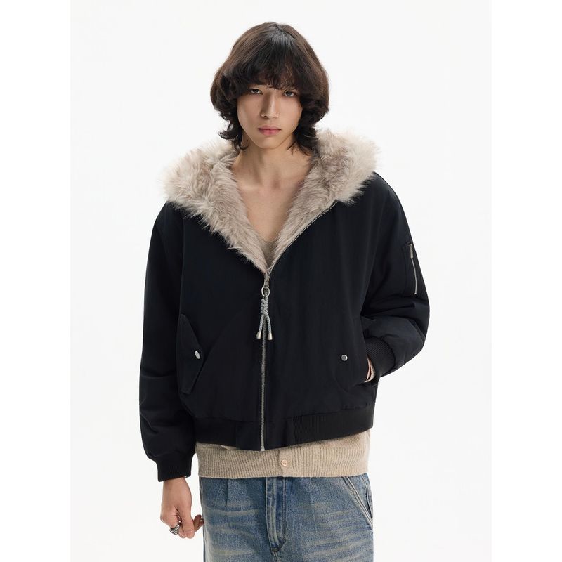 Blaexit American-Style Bomber Pilot Jacket Cotton Coat for Men, Winter Thickened Reversible Jacket with Mountain Carving Design