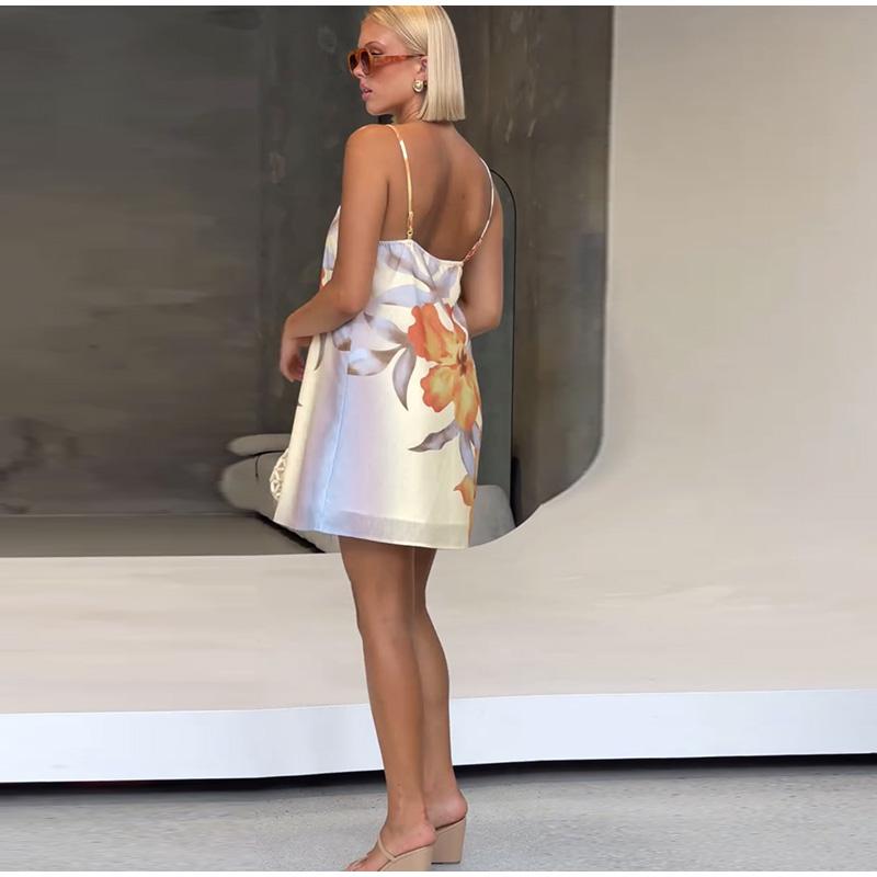 Print Sleeveless Strap Dress Women's Loose Square Collar Off Shoulder Mini Dresses Beachwear