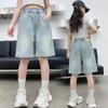 Girls' Medium-Large Tencel Knee-Length Embroidered Denim Shorts - Loose, Comfortable, High-Waisted for Summer