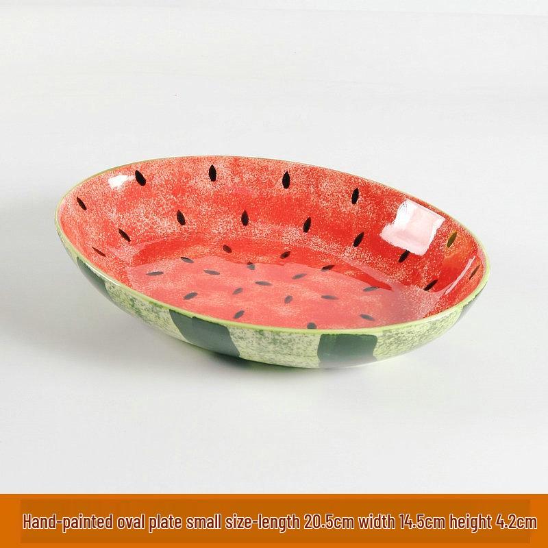 Hand-Painted Watermelon Design Large Ceramic Noodle Bowl with Underglaze Snails Pattern - Fresh, Deep & Stylish.