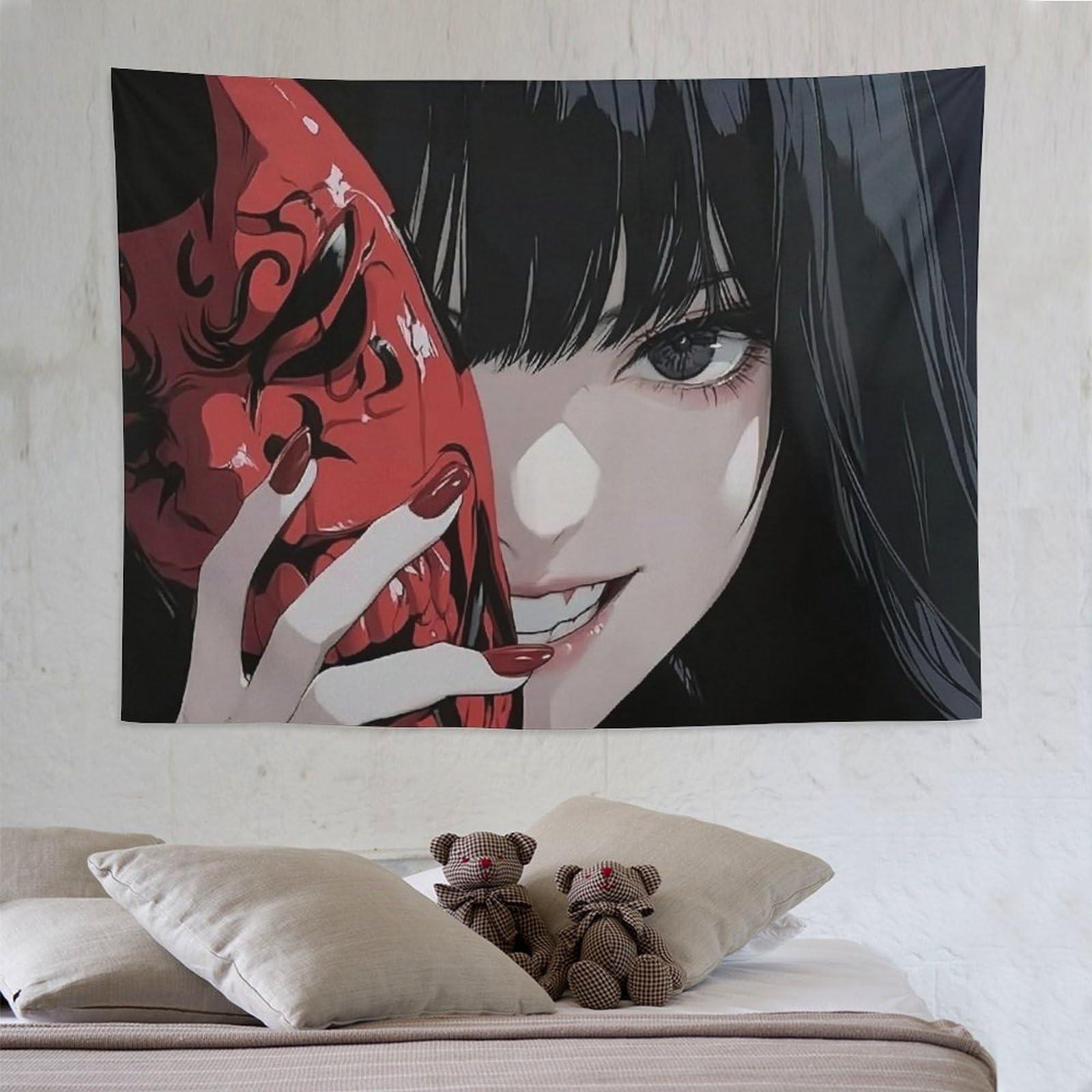 

VIKAMA Dark Anime Girl with Hannya Mask Tapestry Japanese Yandere Style Wall Hanging for Bedroom Dorm Gaming Room Decor 74x94cm(29x37in)