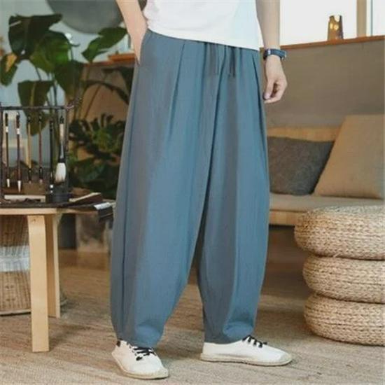 Men's Chinese-Style Loose Wide-Leg Cotton Linen Tai Chi Harem Pants 