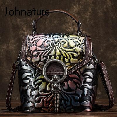 Retro Handmade Cowhide Embossing Women Bag Multipurpose Genuine Leather Floral Handbag Shoulder Bags