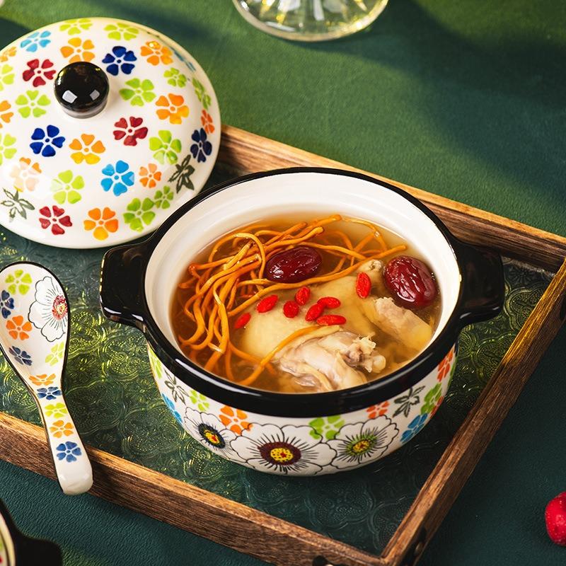 Hand-painted Ceramic Large Stew Cup, Household Soup Cup with Lid, Water-proof Soup Pot, Household New Water-proof Stew Dessert Bowl Stew Pot