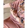 Women's Pink Floral Embroidery Half-Sleeve Maxi Dress V-Neck Loose Casual Linen Blend Long Dress