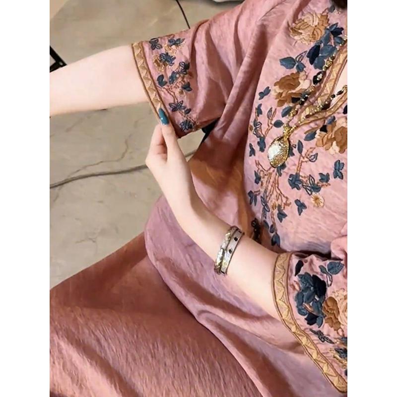Women's Pink Floral Embroidery Half-Sleeve Maxi Dress V-Neck Loose Casual Linen Blend Long Dress