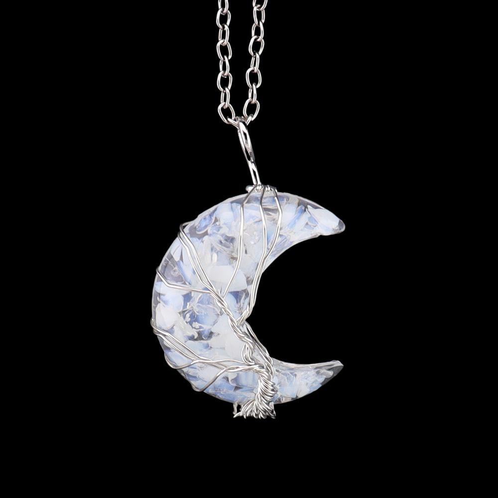 Natural Crystal Crescent Moon Pendant – Tree of Life Necklace