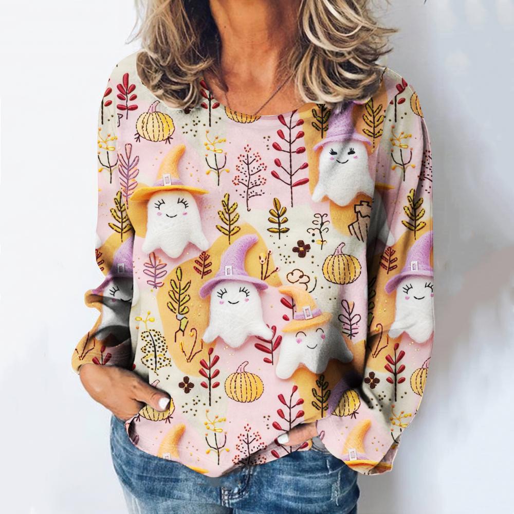 3d Printed Women's T-Shirt Christmas And Halloween Costume Round Neck Long Sleeved Spring/Autumn Casual Party Top Cute Cartoon