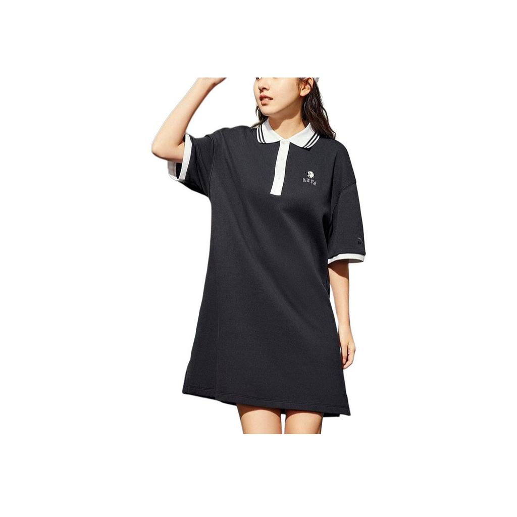 Anta X Popeye Collaboration Lifestyle Series Loose Breathable Color Block Pattern Polo Dress Women Dresses Black 962428205-2
