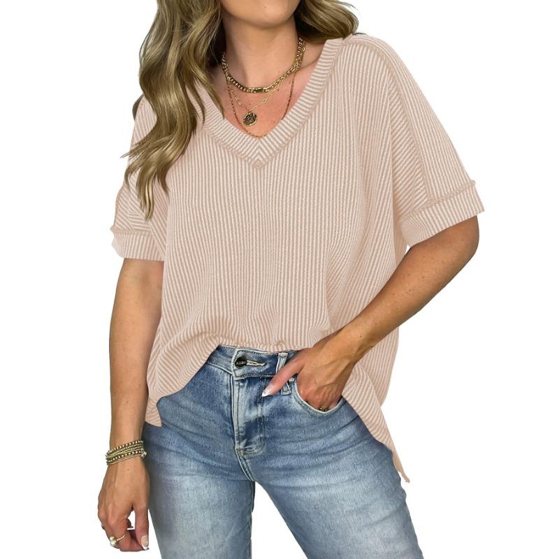 Women European Style V Neck Batwing Sleeve Spliced Slit Loose Pullover T Shirt