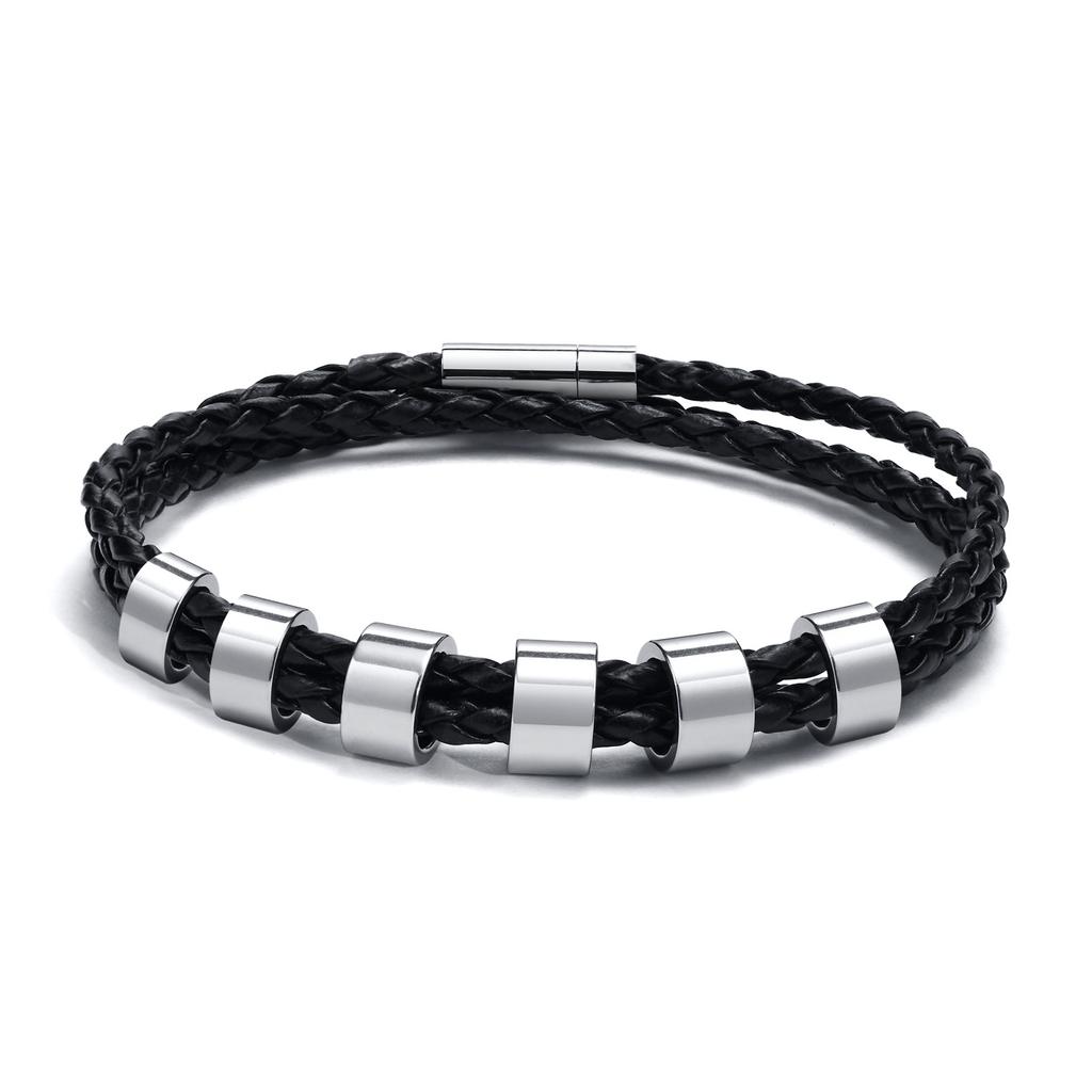 Vnox Free Custom Name Mens Braided Genuine Leather Bracelet Gifts Jewelry,Stainless Steel Beads Charm with Family Names,Dad Gift
