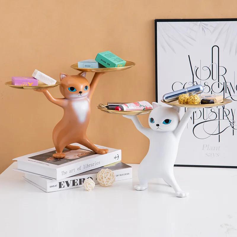 Nordic Resin Cat Tray Statue Bedroom Entrance Home Office Table Desk Decor Accessorie Key Candy Container Storage Sculpture