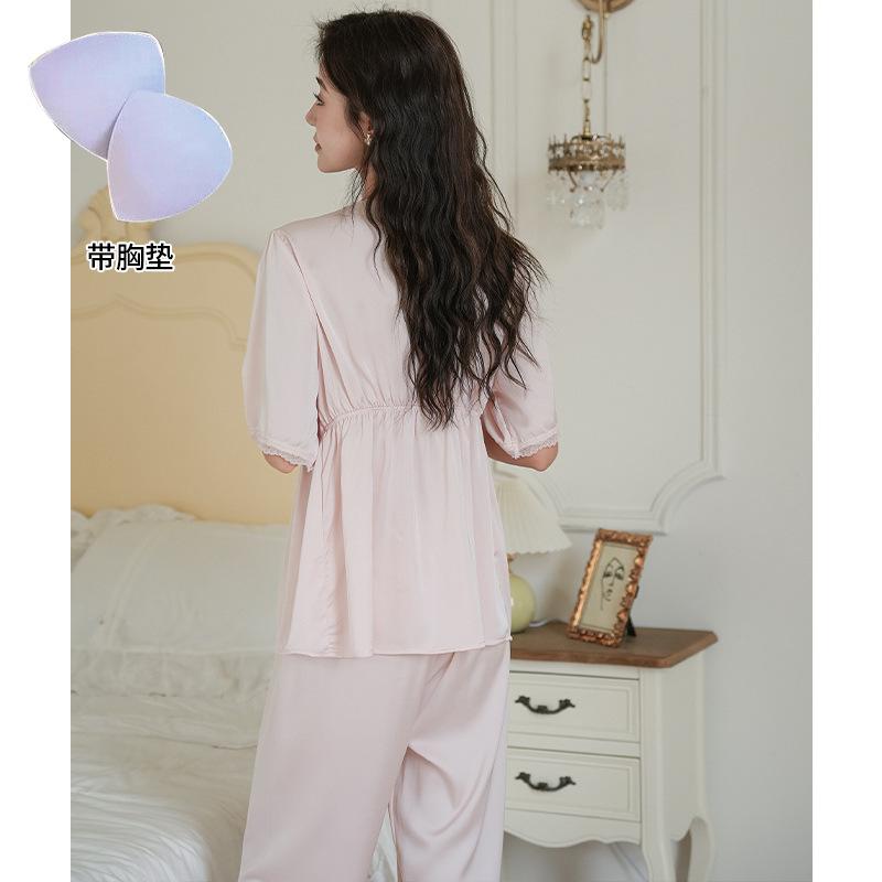 New pajamas, tops, trousers set, exquisite lace ice silk two-piece set, women's summer cool and comfortable loungewear