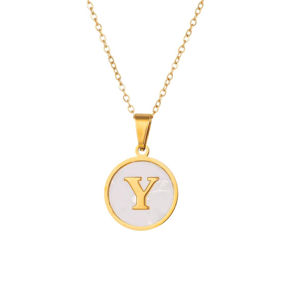 Round Gold Color 26 Letter Necklaces Alphabet Shell Pendant Necklace for Women Men Stainless Steel Chain Jewelry 1PC