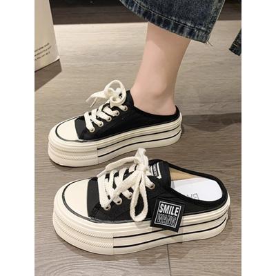 Canvas Semi-slippers Women's Summer Wear New Internet Celebrities High Sense Heeless Lazy Slippers