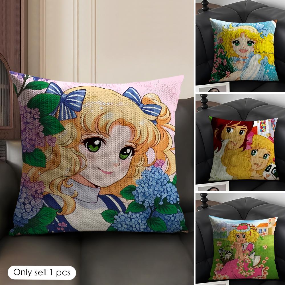 CCandy Candy Anime Cushion Cover Natural Linen Organic Fabric DoubleSided Printing Sofa Home Decor Gift Pillow Case