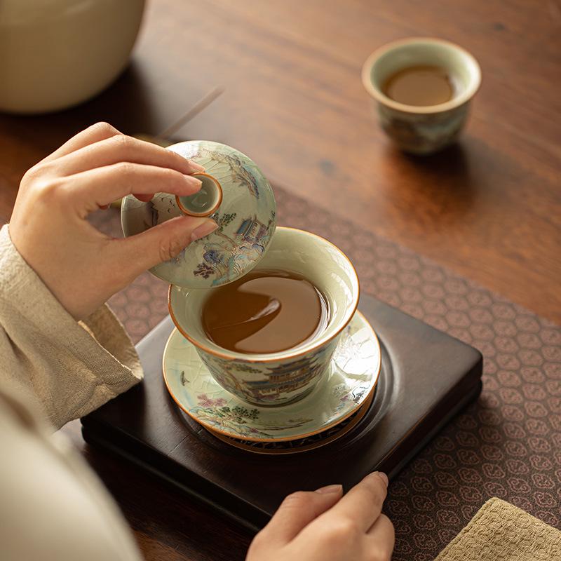 Ru Kiln Crackle Glaze Gilded Gongfu Gaiwan & Teacup Set with Landscape Design - Gift Collection