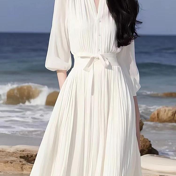 Rochie elegantă albă din șifon franțuzesc - Stil zeiță de primăvară/vară