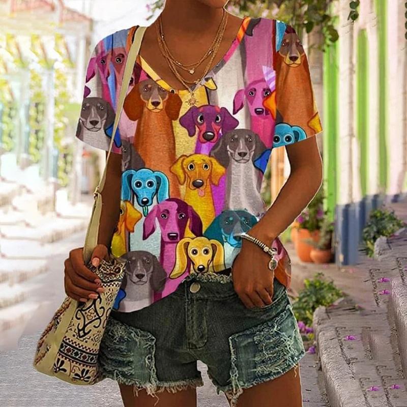 Women's 3d Cats Print T-Shirt Fashion Woman Blouses 2025  Funny Kawaii V-Neck T Shirt Female Clothing Oversized Summer Tops Tees