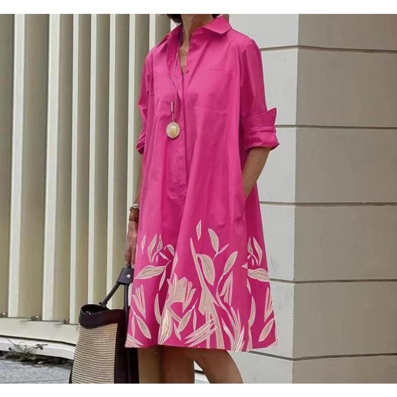 Novos produtos de outono, camisa com gola estampada de bolinhas de temperamento fashion, manga comprida, vestido médio e longo