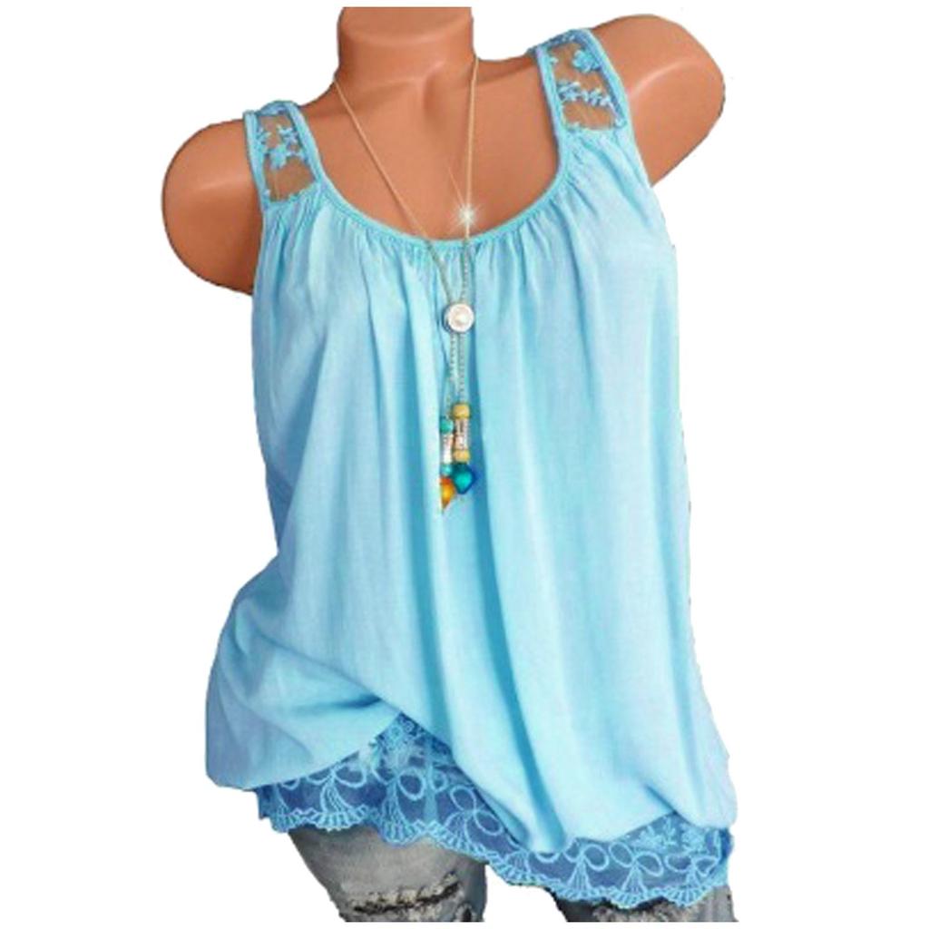 Women Summer 2022 Sleeveless Casual Solid Color O-Neck Lace Hem T-Shirt Tops Blouse