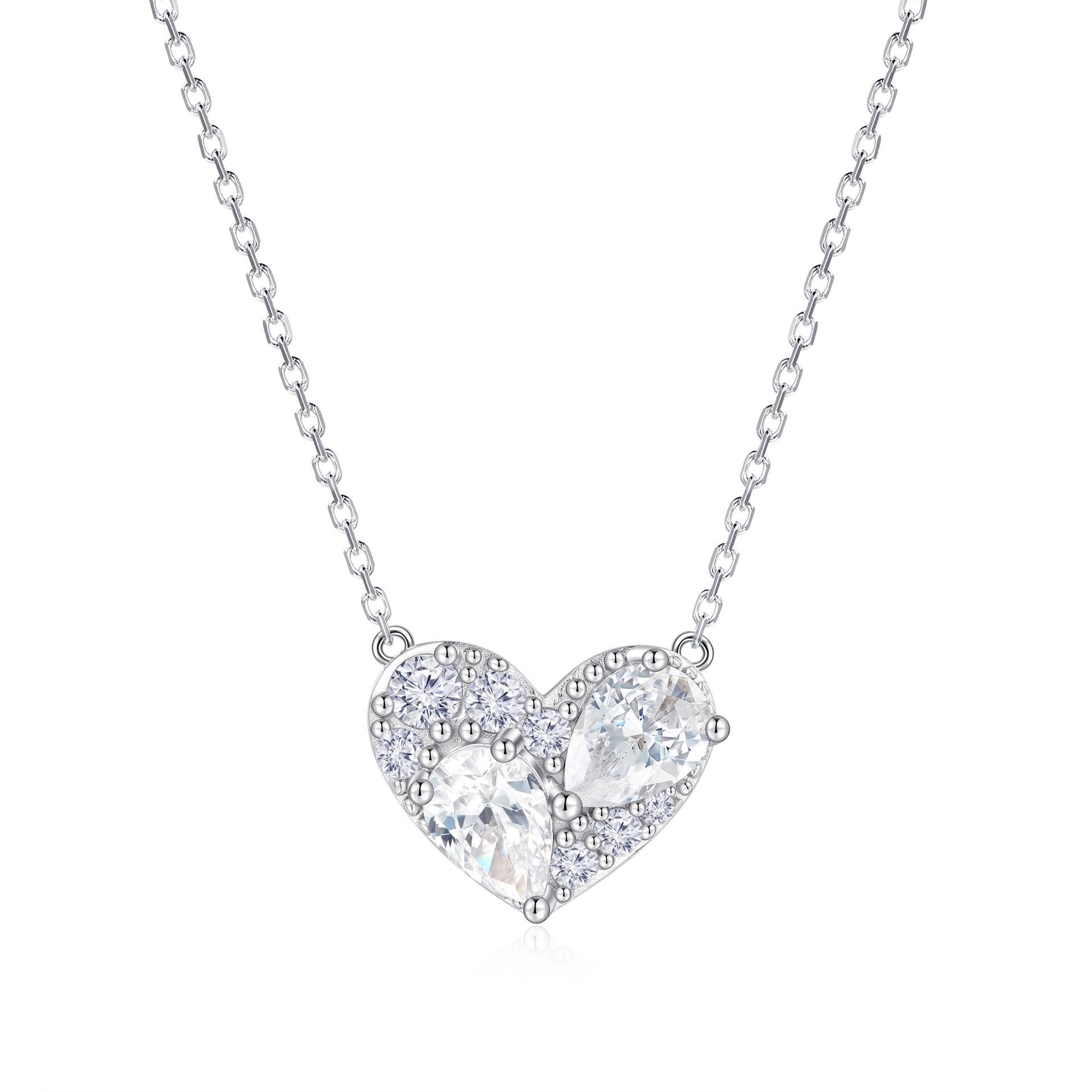 Sterling Silver Zircon Heart Necklace - Elegant Cross Design 925 Silver
