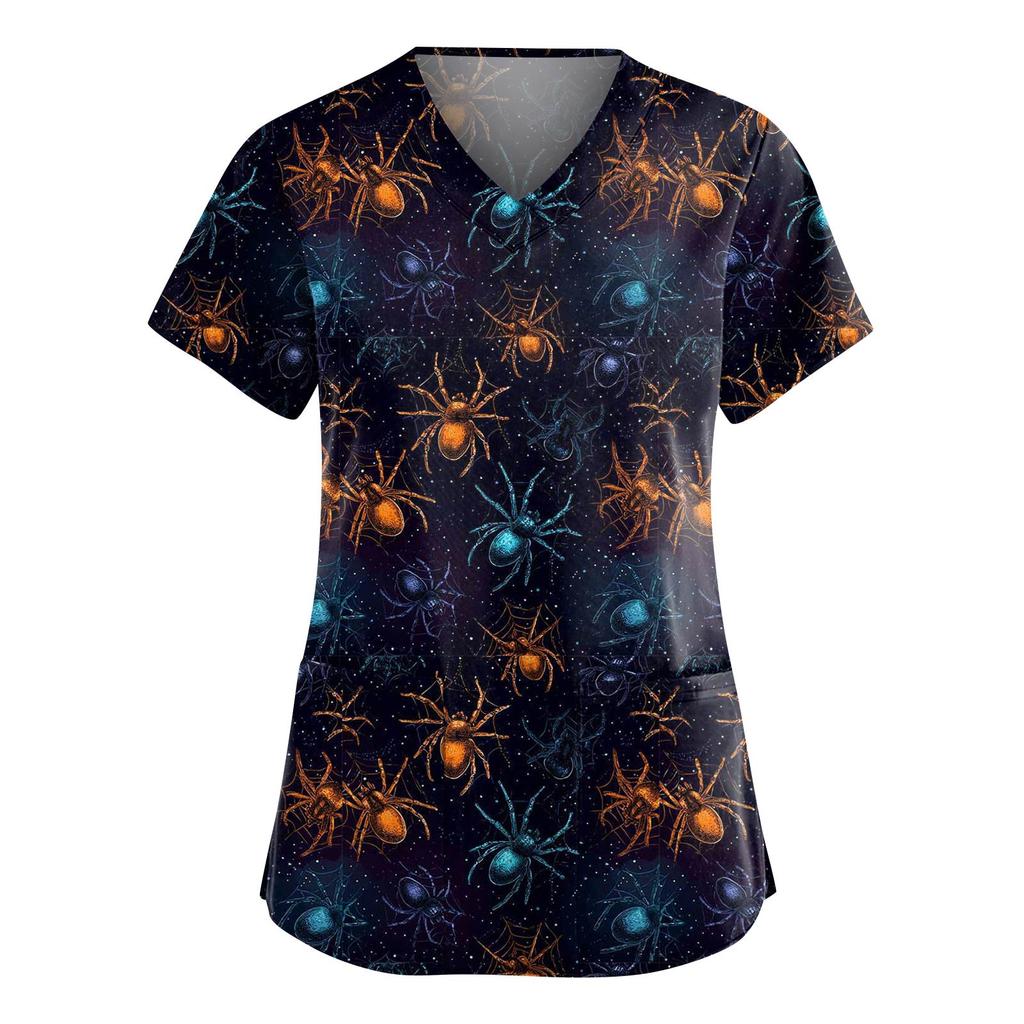 Dámská móda Overaly s krátkým rukávem a výstřihem do V s kapsami Halloweenské potištěné topy Oblečení