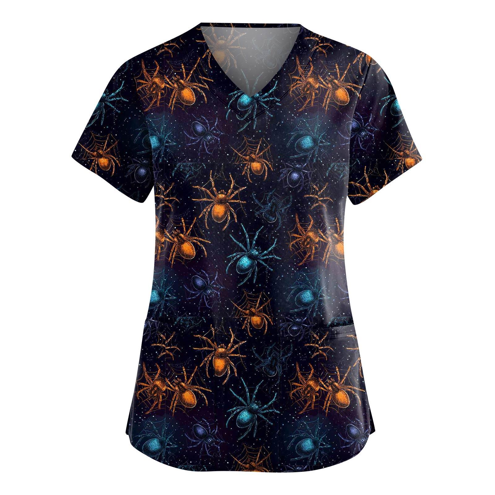 

Women s Fashion V-Neck Short Sleeve Overalls With Pockets Halloween Printed Tops Apparel XXXL Темно-синій