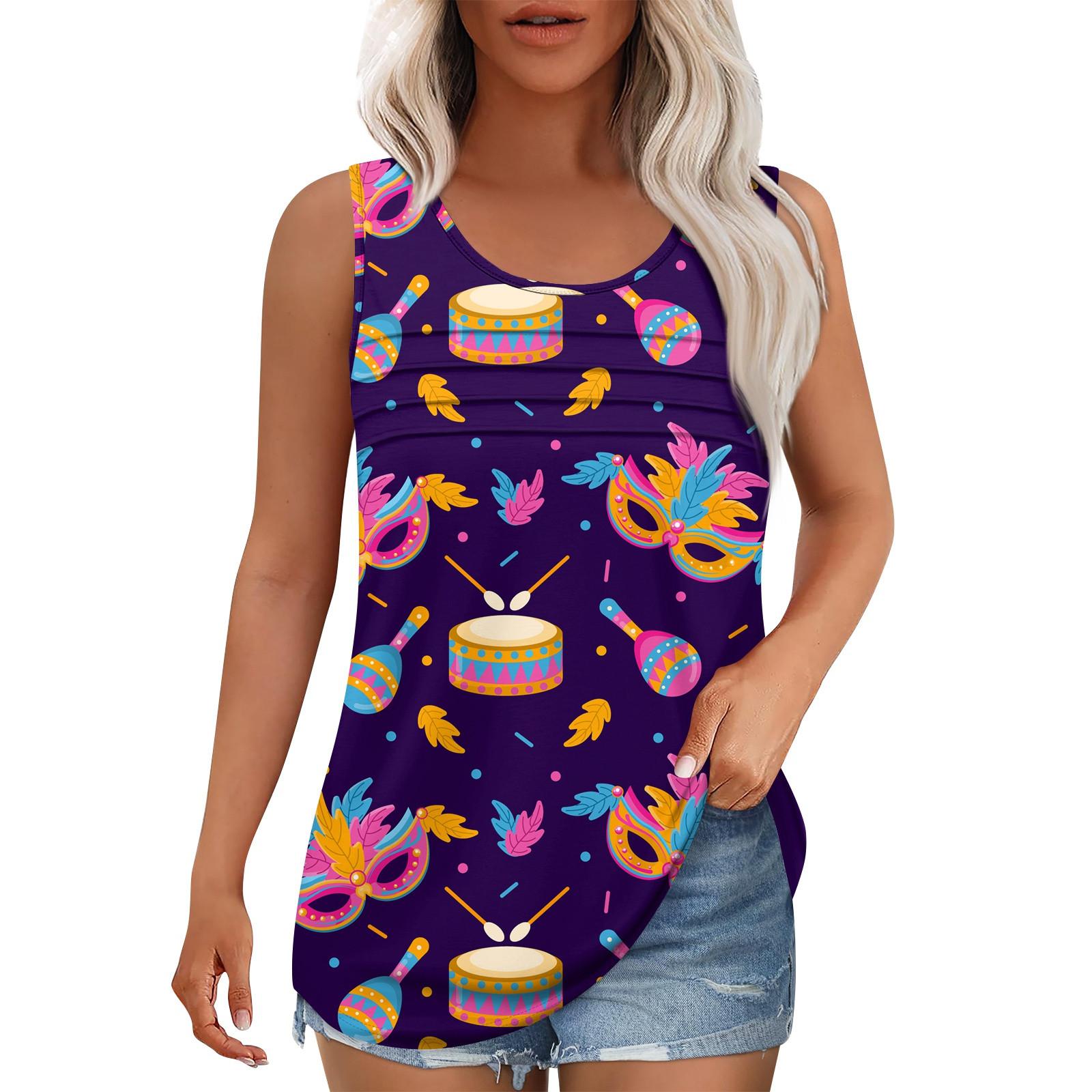 

Майка для женщин Летние наряды Без рукавов Блузки с принтом Повседневные свободные рубашки Округлый вырез Складки спереди L фиолетовый