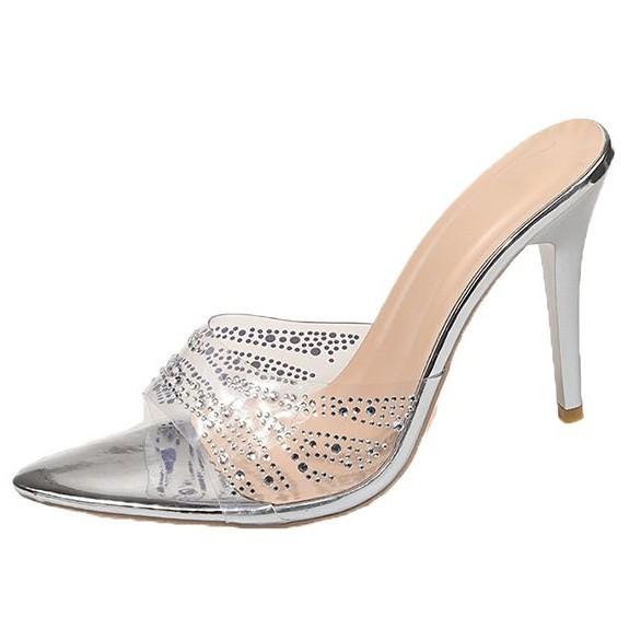 Rhinestone Thin Heel High Heel Cool Slippers Women's Outer Wear Spring and Summer 2025 New Fashion Transparent Temperament Pointed Toe