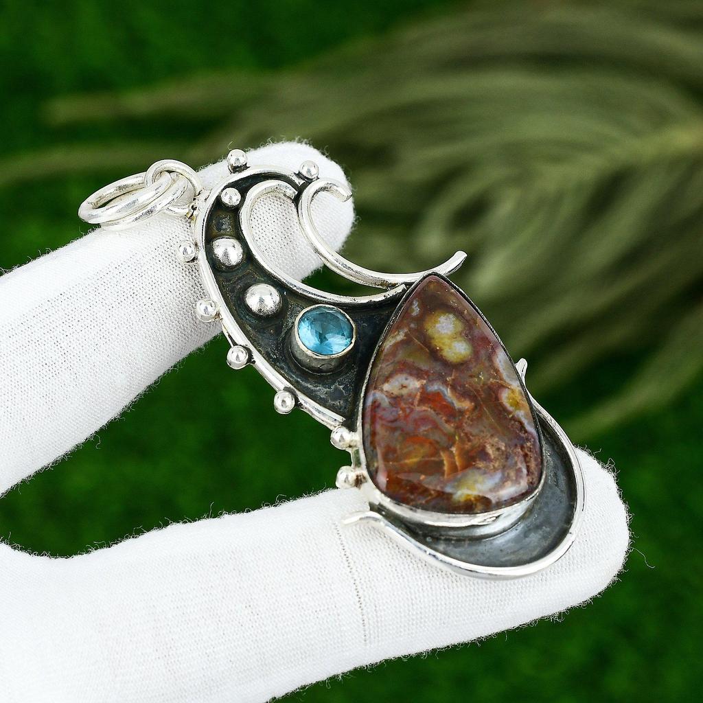 Pear Seame Agate Gemstone Blue Topaz Birthday Ethnic Pendant 925 Sterling Silver
