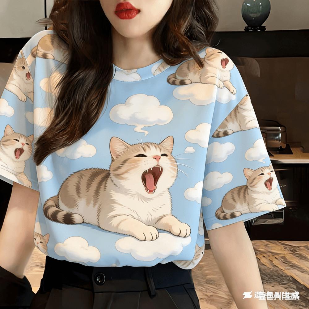 Neutral casual T-shirt - Short sleeved printed flower and cat pattern | Street wear