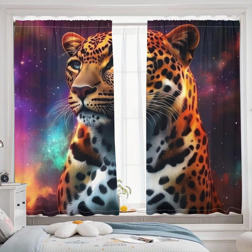 Forest Leopard And Starry Sky Background Curtain, Beautiful, Dreamlike Color, A Set Of Two, Home Bedroom Living Room Curtain.