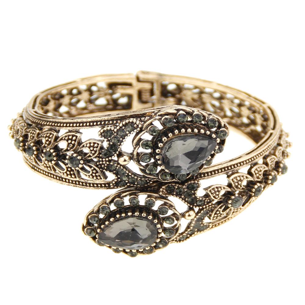 Sunspicems Элегантный турецкий женский браслет Серый хрусталь Богемский браслет Старинный золотой цвет Полый цветок Индийские украшения Подарок невесте one size