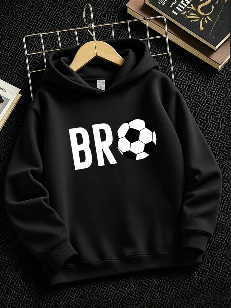 Boys' Pullover Hooded Sweatshirt, Large Size, BRO Bold Uppercase Letters Creative Design with Classic Black and White Soccer Ball Graphic Replacing th