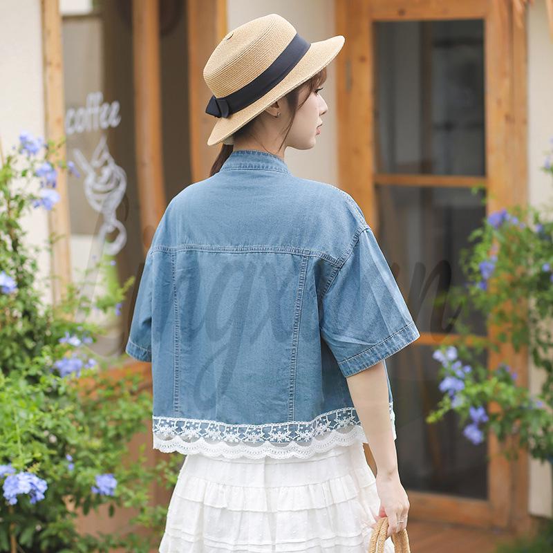 Korean Style Retro Lace Patchwork Denim Top - Casual Loose Fit, Age-Reducing, Stand Collar, Short-Sleeved Fashion. Medium