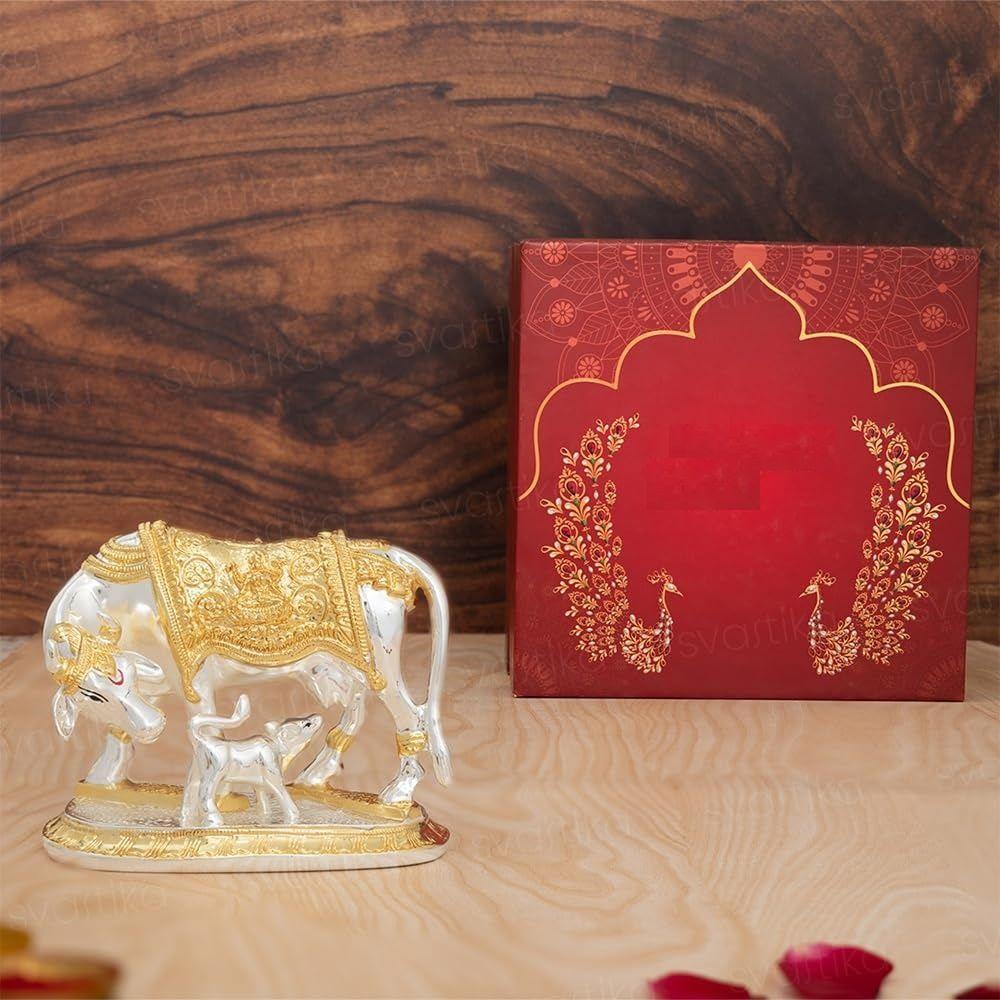 Kamdhenu Cow with Calf Idol | 24K Gold & 999 Silver Plated | Excellent Vastu Correction Remedy for Financial Problems | Wedding & Housewarming Gift