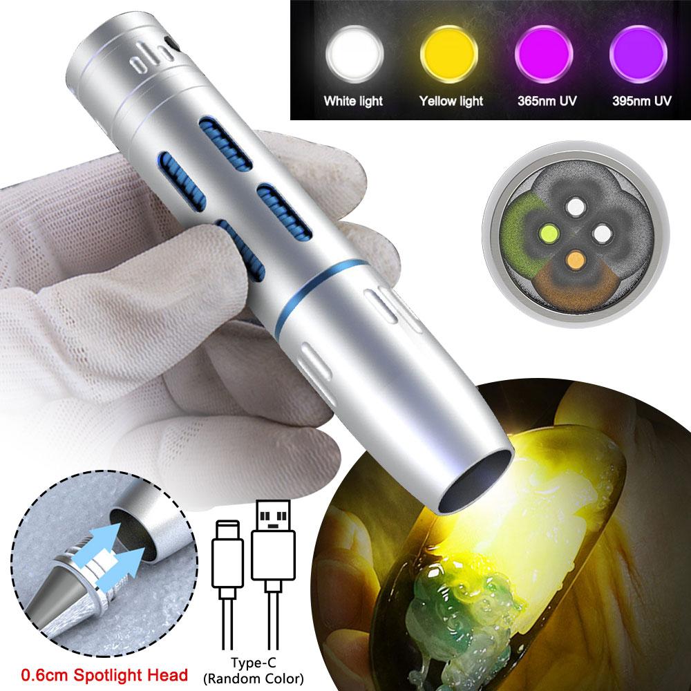 4 LED Light Sources Professional Jade Identification Flashlight 365nm+395nm+Yellow+White Light Torch USB Rechargeable Flashlight