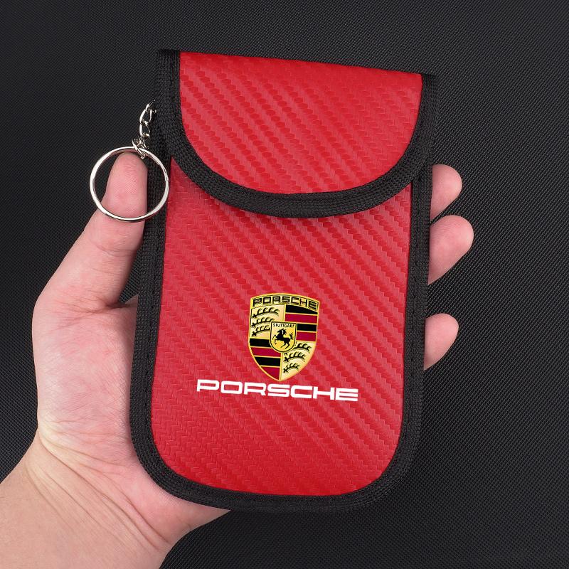 AIHQR1 Car Key Case Signal Blocker Bag Car RFID Shielding Pocket Anti-Theft Pouch For Porsche Panamera Macan Boxster Cayman 911 Sticker