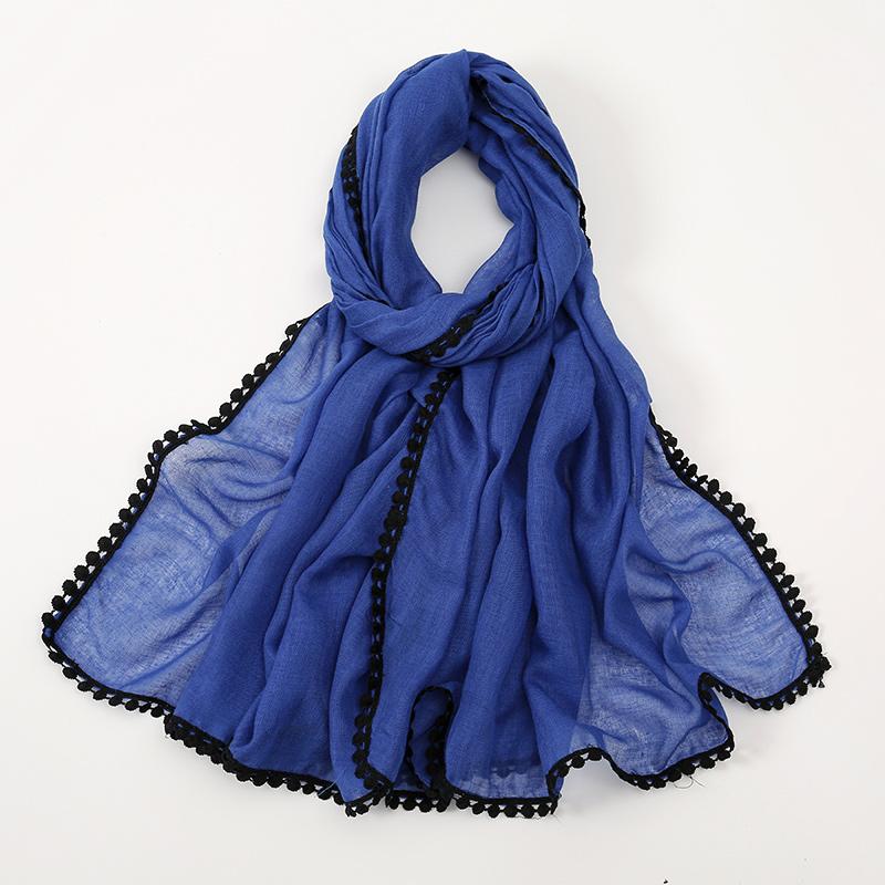Winter Plain Solid Lace Chain Pom Pom Viscose Shawls Scarf Lady High Quality Wrap Pashmina Stole Bufandas Muslim Hijab 180*90Cm