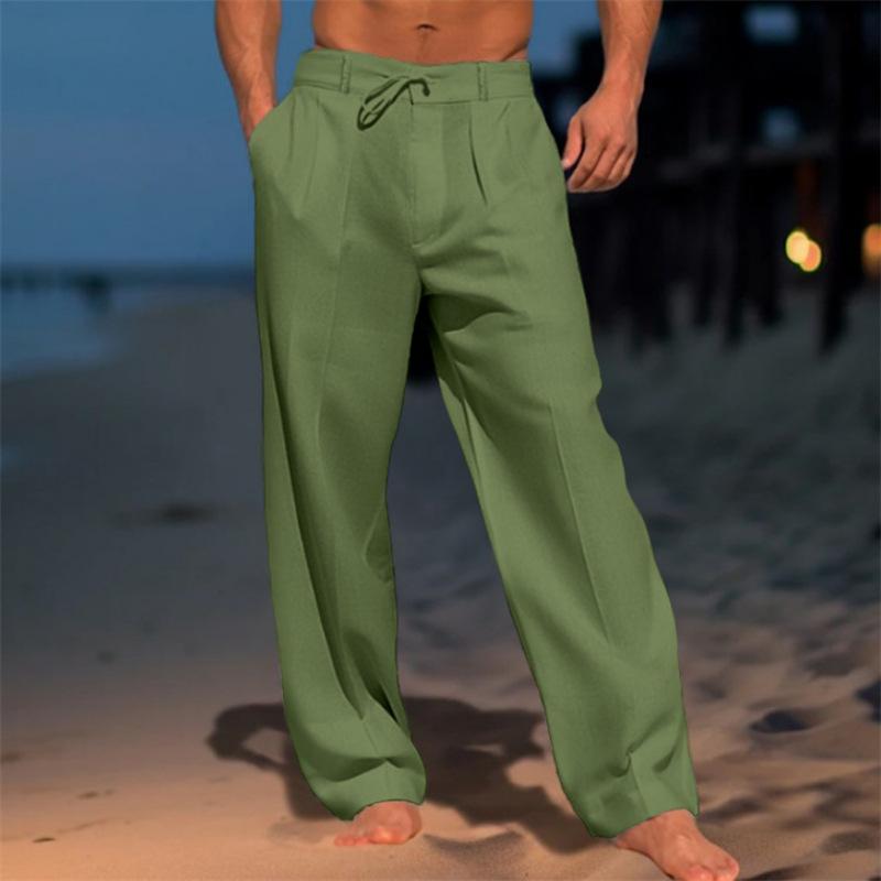 Men's Linen Trousers, Summer Beach Pants, Front Pocket, Solid Color, Breathable, Casual, Daily Vacation