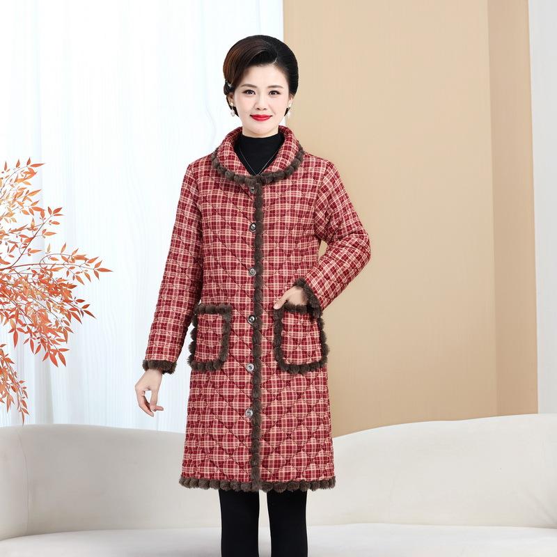 Women's Mid-Length Plaid Cotton Jacket - Maternity & Plus Velvet for Autumn/Winter Warmth, Over-the-Knee Style for Middle-Aged & Elderly