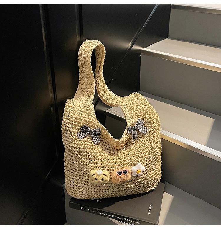 New Woven Bag Cute Bow Beach Bag Fashion Straw One Shoulder Straw Tote Bag