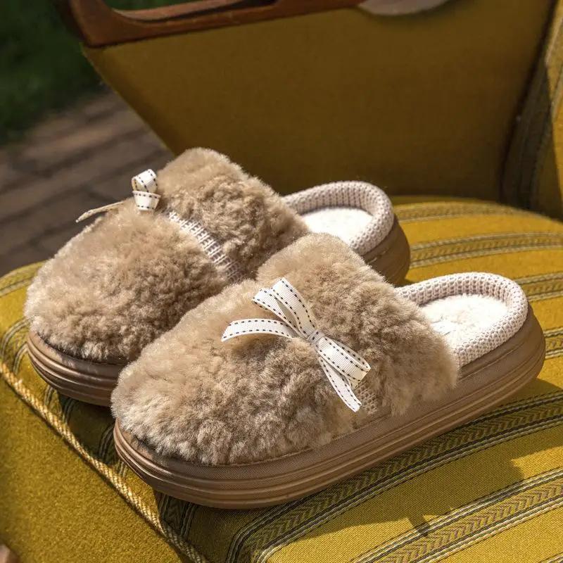 Fashion Platform Fluffy Slippers Women House Flats Cute Bowknot Designer Winter Shoes Girls Fashion Plush Casual Footwear Elegant Indoor