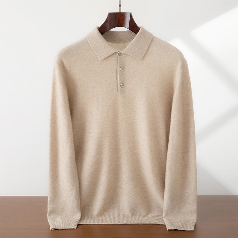 Men's Cashmere Polo Collar Sweater, Solid Color Knitwear, Long Sleeve Button-Up Pullover for Autumn/Winter