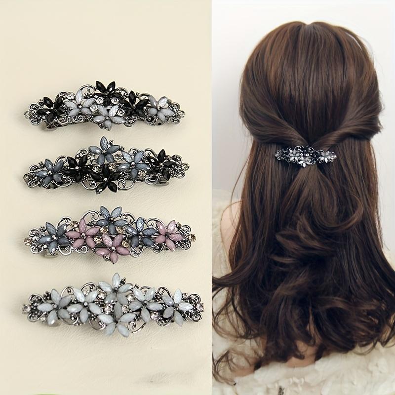 Ouyaohong Women's Vintage Rhinestone Flower Spring Clip Stylish Back Head Ponytail Hairpin Elegant Headwear One Word Clip Hair Accessories