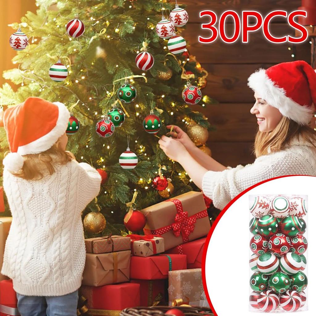 30PCS Christmas Ball Ornaments, 2.4 Inch Glittering Hanging Xmas Balls For Tree Decoration, Red Green Christmas Baubles For Home Holiday Party Decor