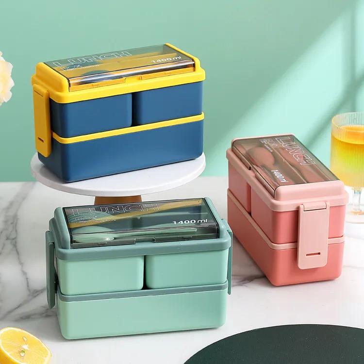 Double Layer Portable Lunch Box For Kids With Fork and Spoon Microwave Bento Boxes Dinnerware Set Food Storage Container YFA2052